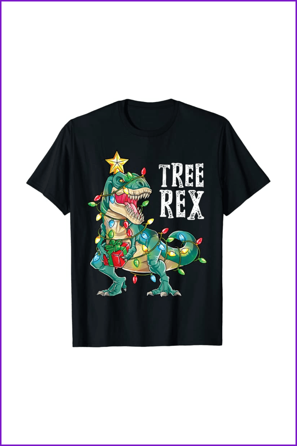 Black t-shirt with a Dinosaur Trex like a Christmas tree with lights.