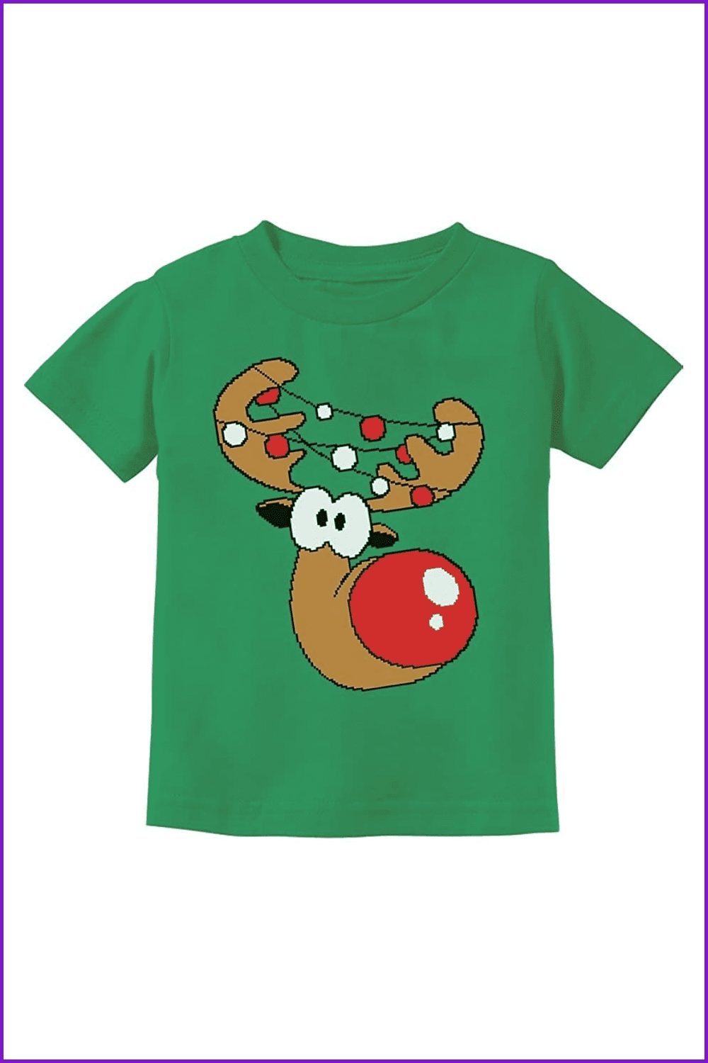 Green t-shirt with The deer with a big red nose has lights in its horns.