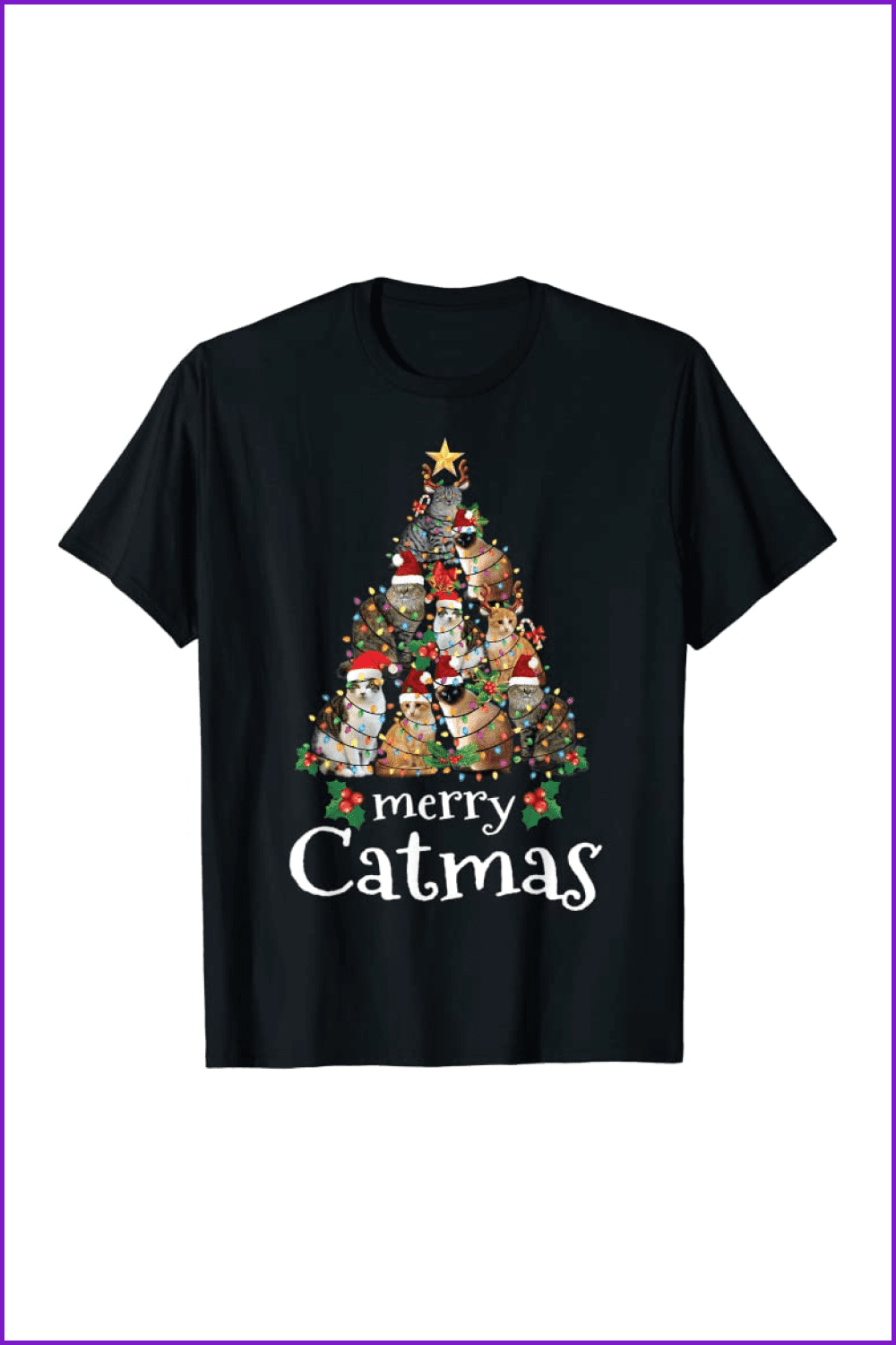 Black t-shirt with The nine cats form a Christmas tree.