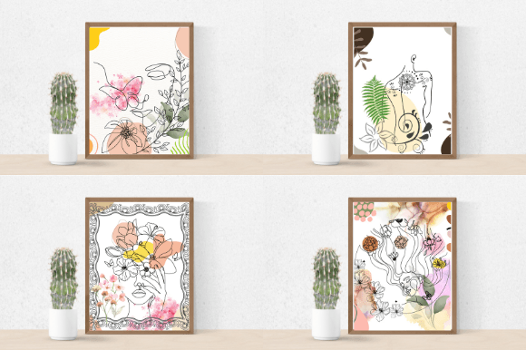 Cactus in a pot and 4 different pictures in brown frames - beautiful woman in line art style on white and beige watercolor backgrounds.