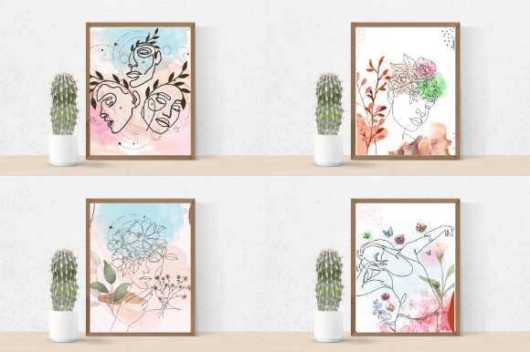 Cactus in a pot and 4 different pictures in brown frames - beautiful woman in line art style on white, pink and blue watercolor backgrounds.