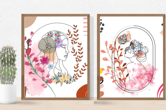 Cactus in a pot and 2 different pictures in brown frames - beautiful woman in line art style on white and pink watercolor backgrounds.