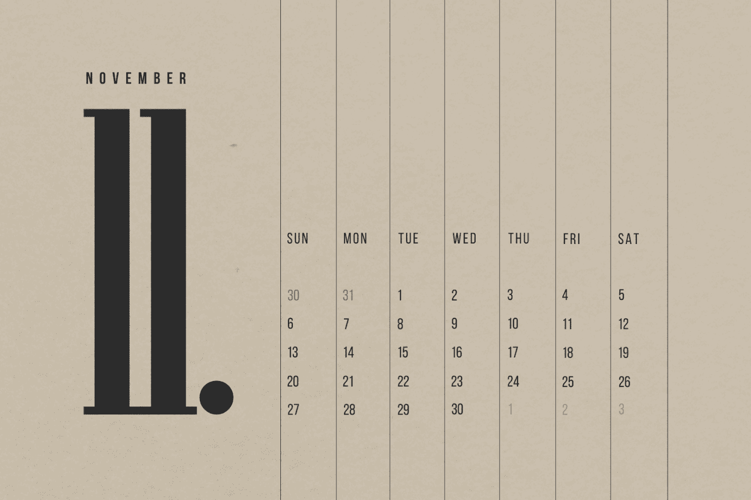 Calendar for November with a beige background and a large number 11.