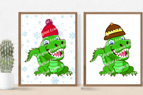 Two cute illustrations of green dinosaurs wearing hats.