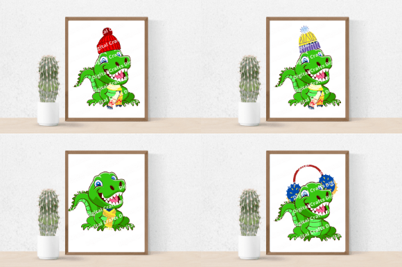 A pack of adorable images with a green dinosaur.