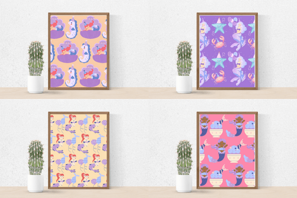 Four multicolor posters with the mermaids.
