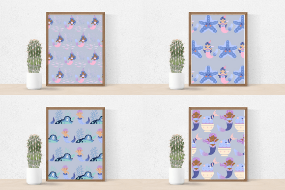 Four posters in a blue with the mermaids.