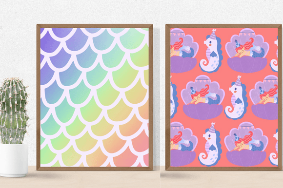 Two posters with the beautiful sea print and mermaids.