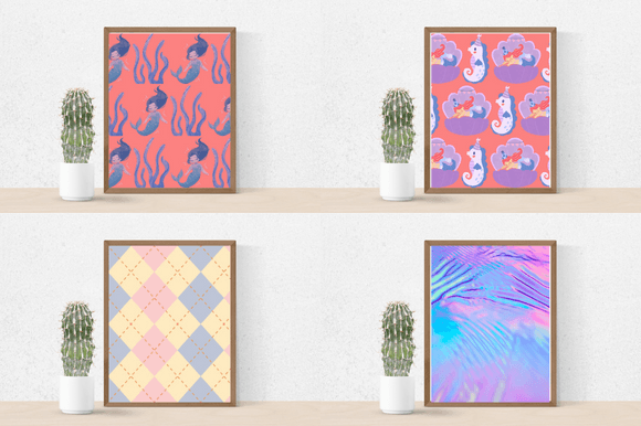 Multicolor posters with the interesting sea designs.