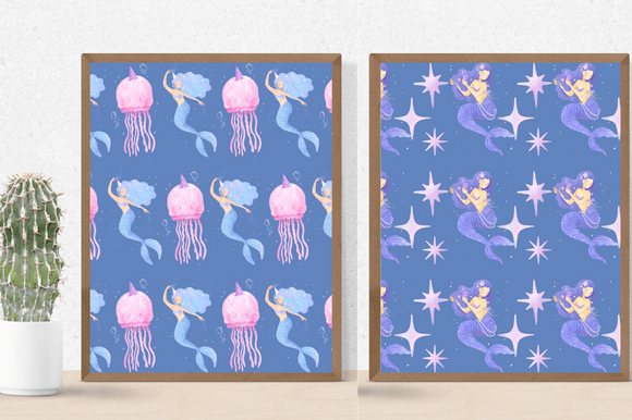 Two posters with the stylish and multicolor mermaids.
