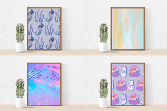 Four posters with the abstract background and mermaids.