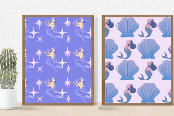 Two lilac posters with the mermaids and their life style.