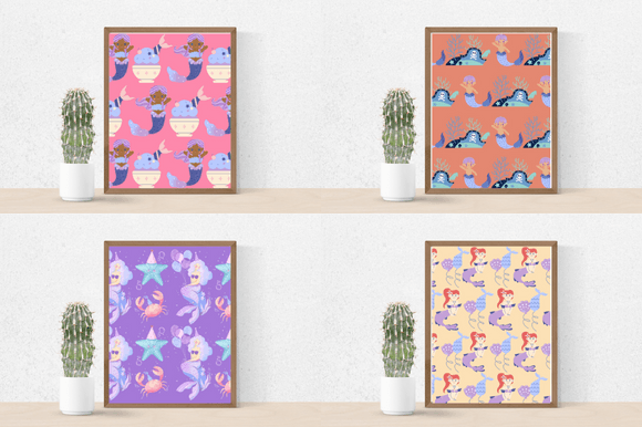 Colorful four posters with so cute mermaids.