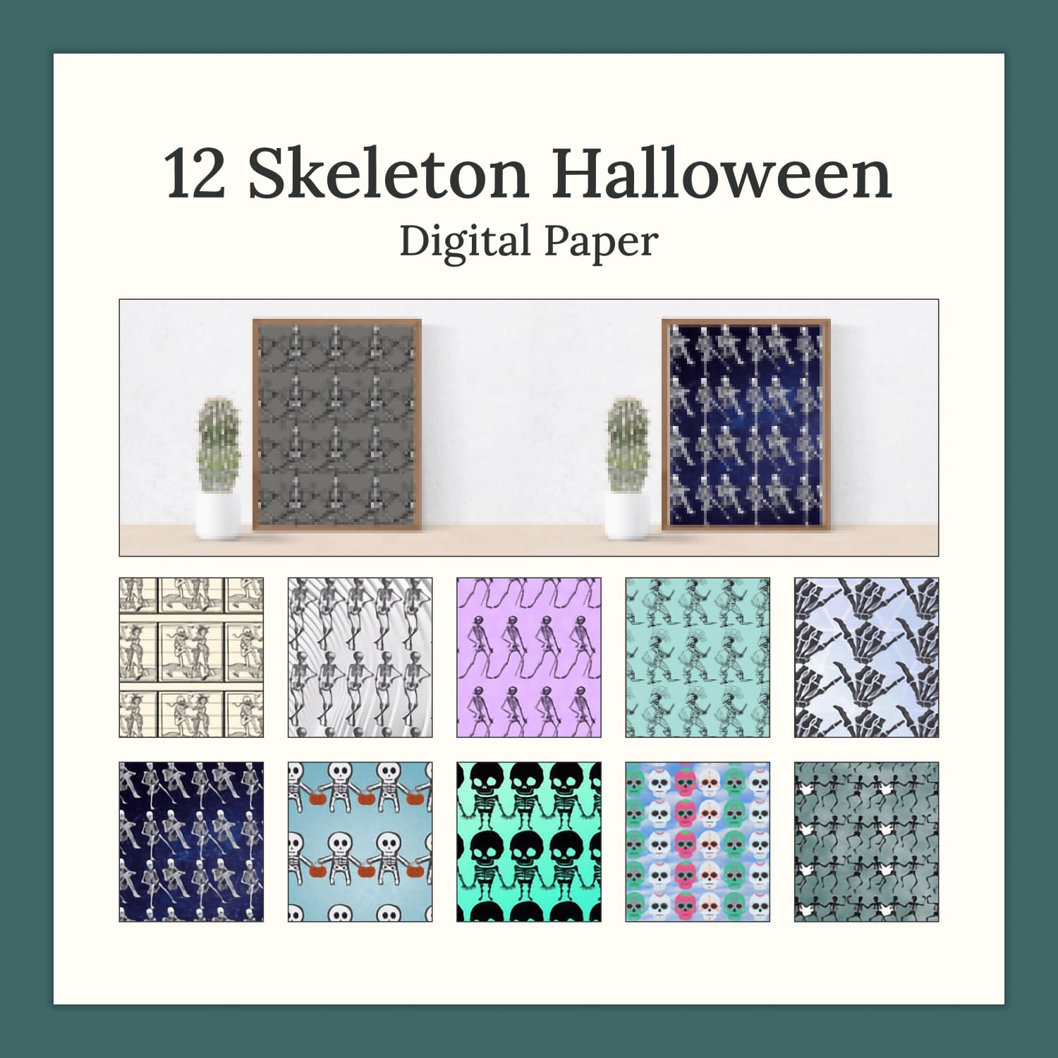 Pack of irresistible paper retro patterns with skeletons.
