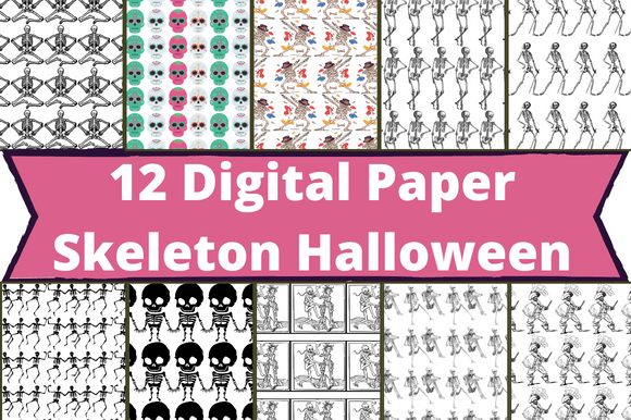 Set of wonderful paper retro patterns with skeletons.
