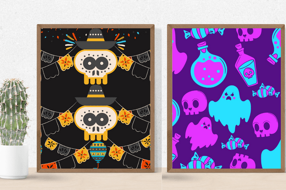 Two wonderful paper retro patterns with skeletons.