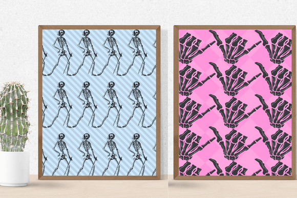 Two adorable paper retro patterns with skeletons.