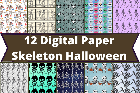 Set of colorful paper retro patterns with skeletons.