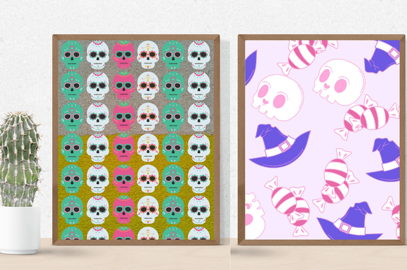 Two colorful paper retro patterns with skeletons.