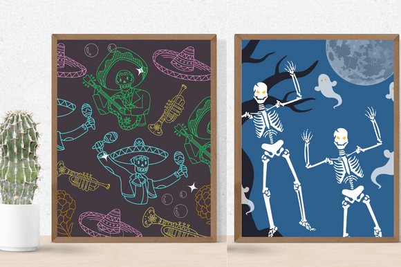 Two funny paper retro patterns with skeletons.