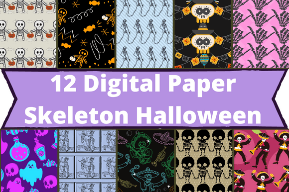 Pack of enchanting paper retro patterns with skeletons.