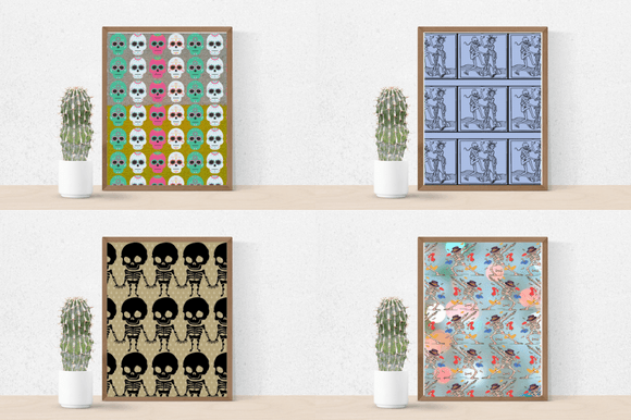 Four gorgeous paper retro patterns with skeletons.