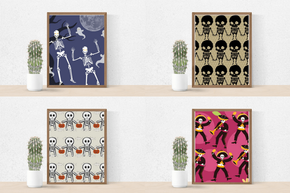 Four lovely paper retro patterns with skeletons.
