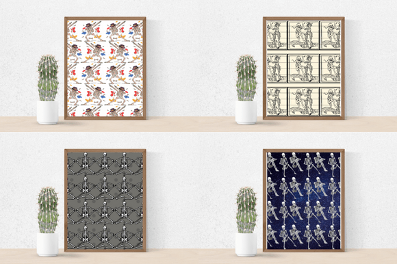 Four charming paper retro patterns with skeletons.