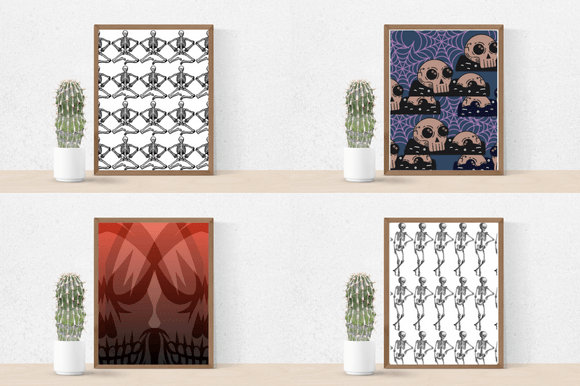 Four enchanting paper retro patterns with skeletons.