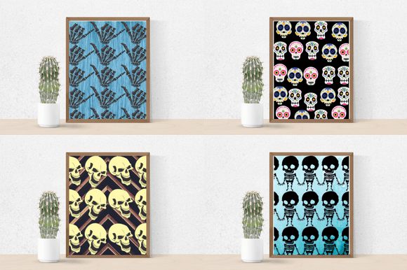 Four colorful paper retro patterns with skeletons.
