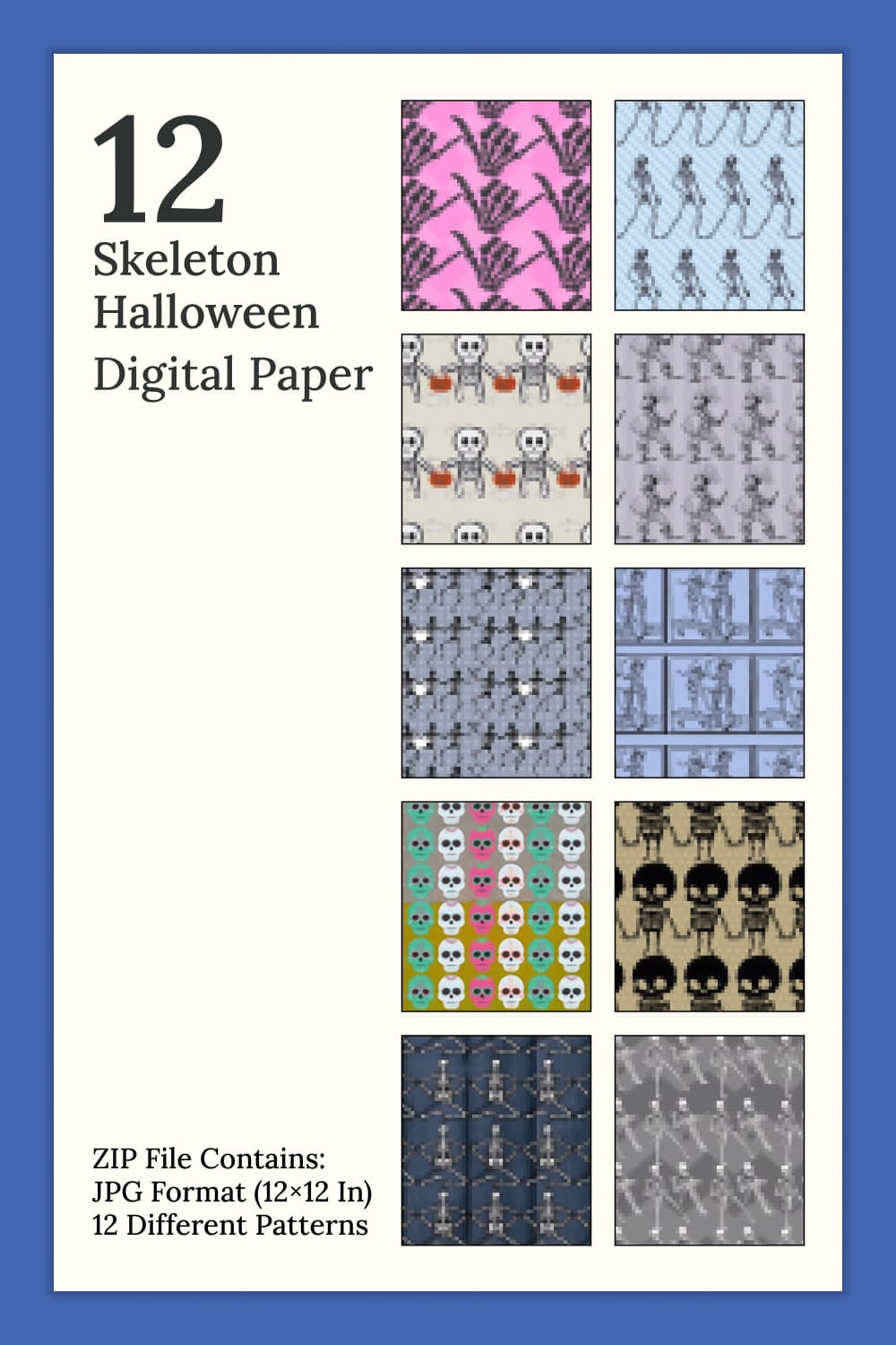 Collection of charming paper retro patterns with skeletons.