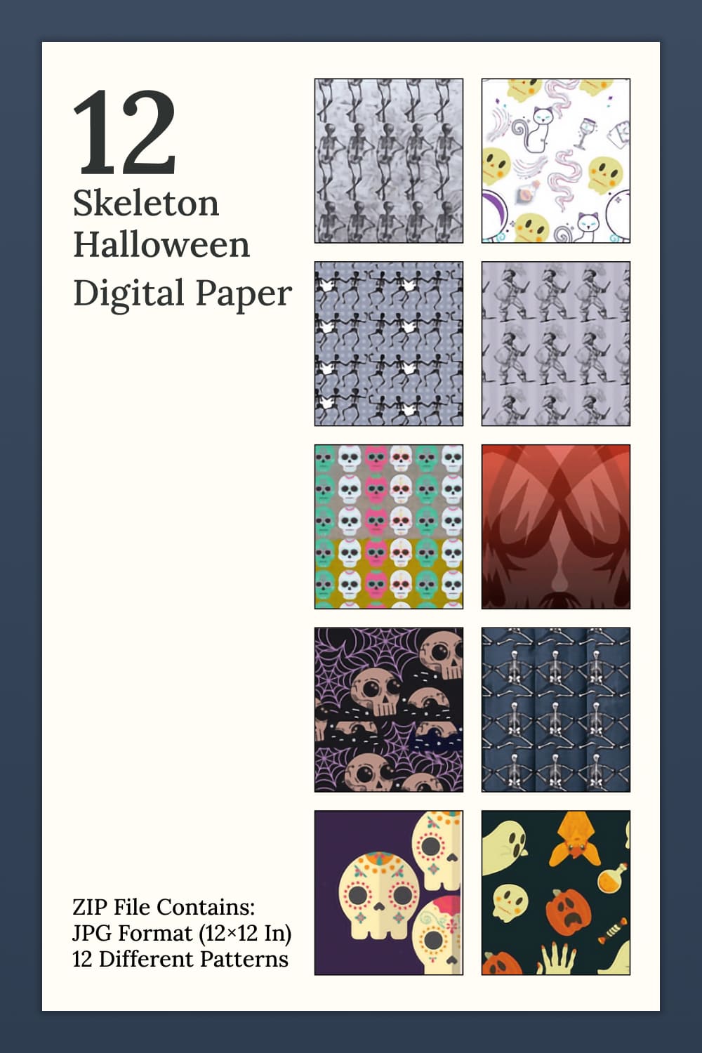 Collection of cute paper retro patterns with skeletons.