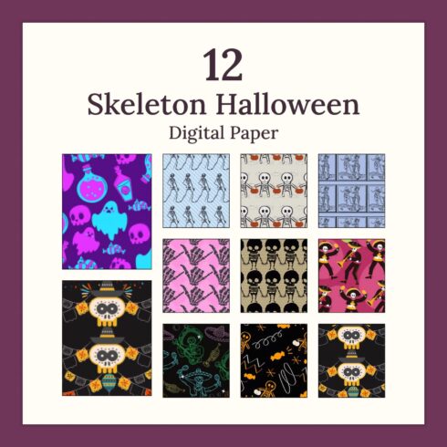 Collection of irresistible paper retro patterns with skeletons.