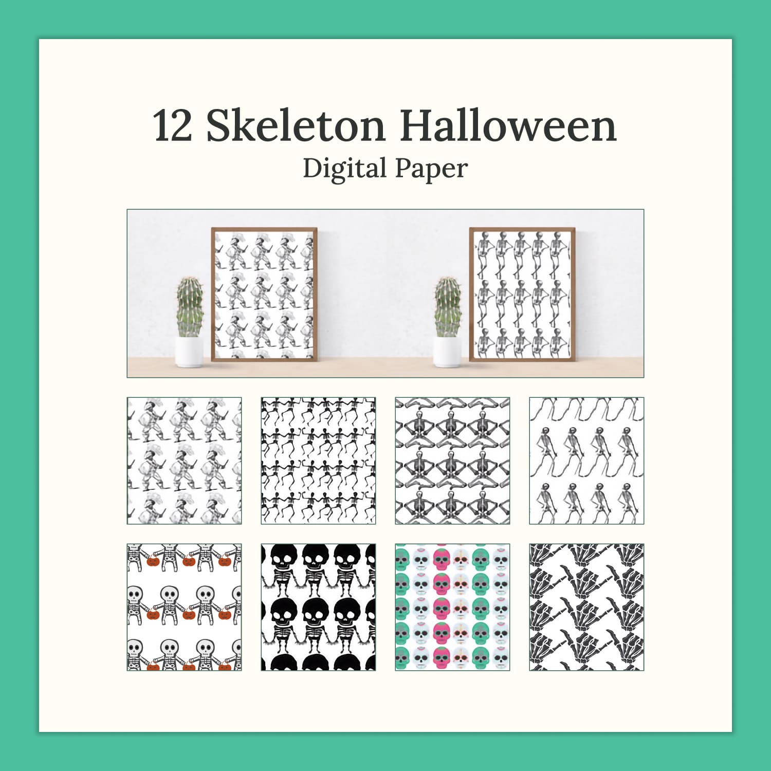 Pack of charming paper retro patterns with skeletons.