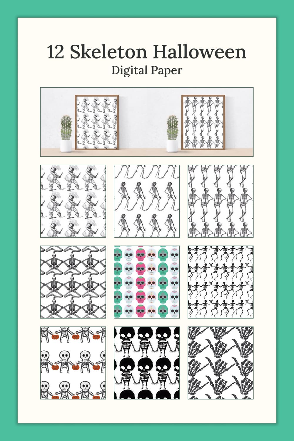 Collection of beautiful paper retro patterns with skeletons.