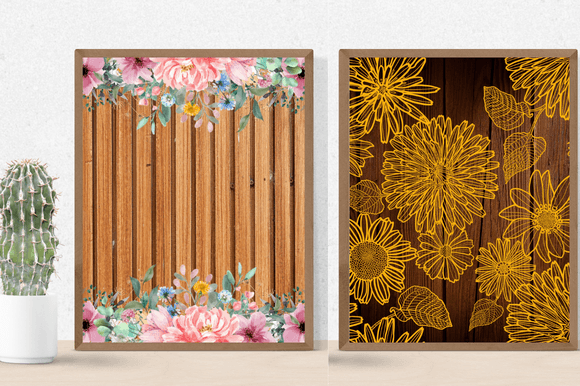 Two images of amazing patterns of flowers and wood.