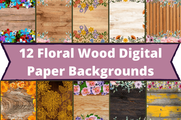 Collection of images of colorful patterns of flowers and wood.