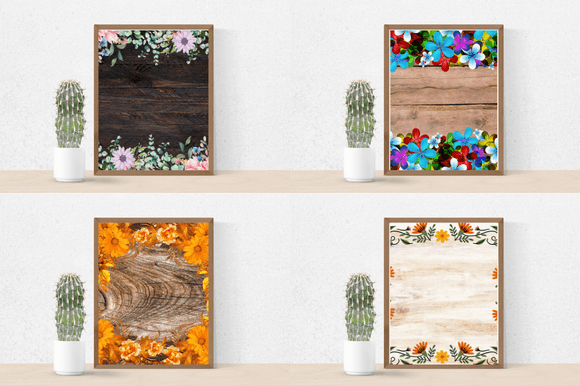 Four images of charming patterns of flowers and wood.