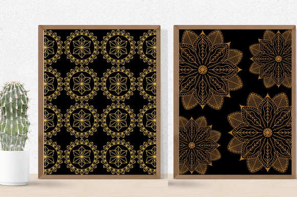 Black posters with the gold mandala.