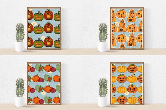 Four autumn posters with the colorful pumpkins.