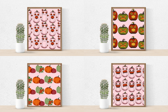Four posters with colorful Halloween pumpkins.