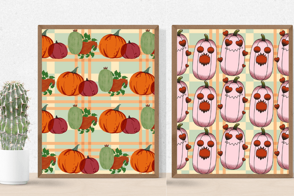 Multicolor pumpkins on the posters.