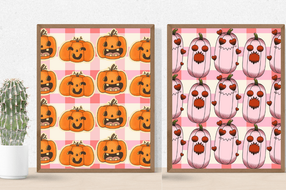 Orange and pink posters with the pumpkins for the Halloween night.