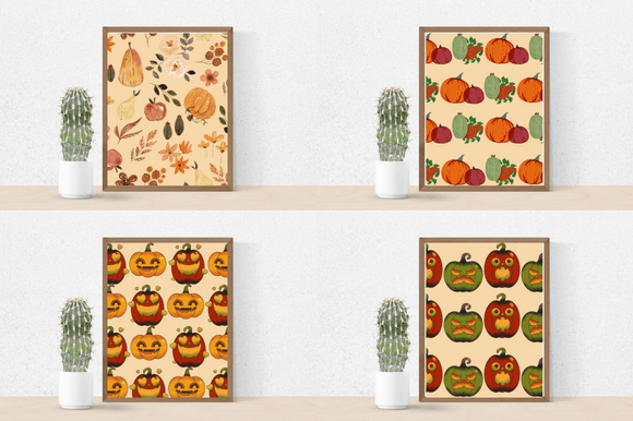 Four colorful posters with the cute pumpkins.