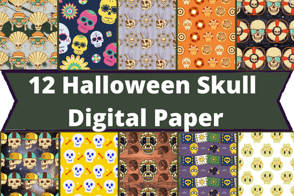 Set of enchanting paper retro patterns with skulls.