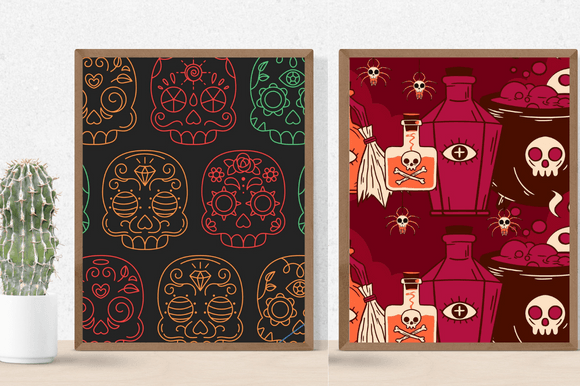Two wonderful paper retro patterns with skulls.