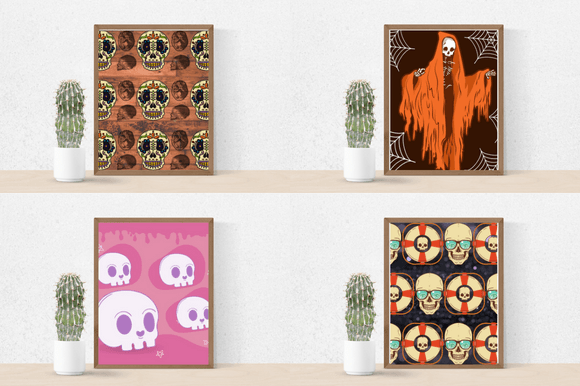 Four adorable paper retro patterns with skulls.