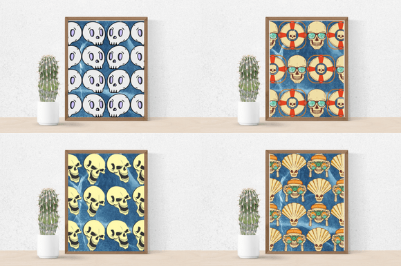 Four creative skull posters in a vintage style for Halloween.