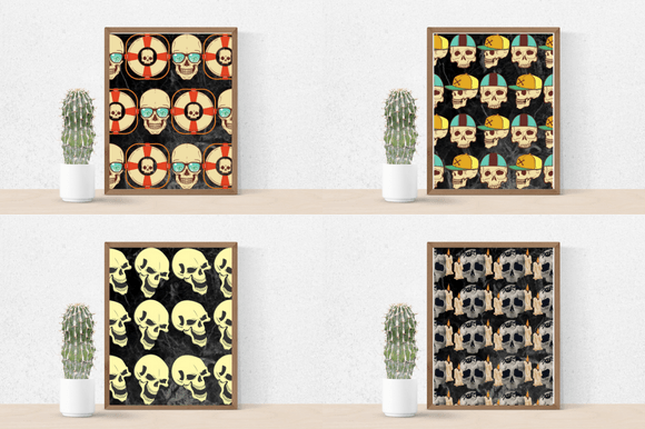 Four dark posters with the colorful skulls.