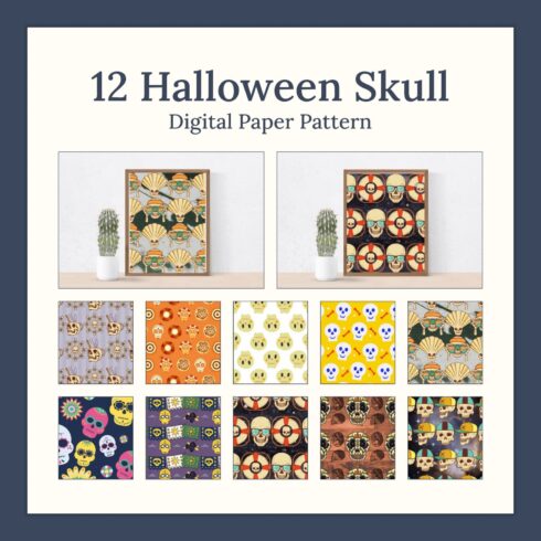 Pack of colorful paper retro patterns with skulls.